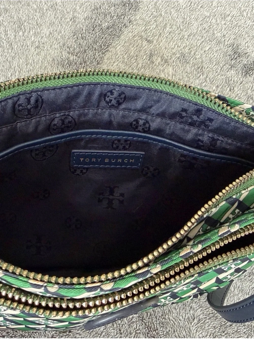 Tory Burch Green and Navy Patterned Crossbody Bag
